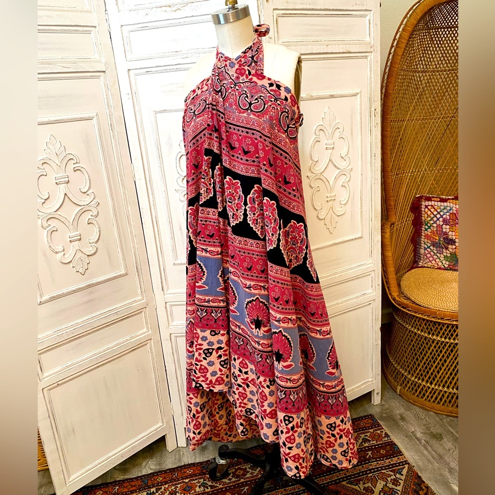 Vintage Indian Block Print Wrap Maxi Skirt Hippie Festival Boho Pink Peacock - Picture 8 of 11